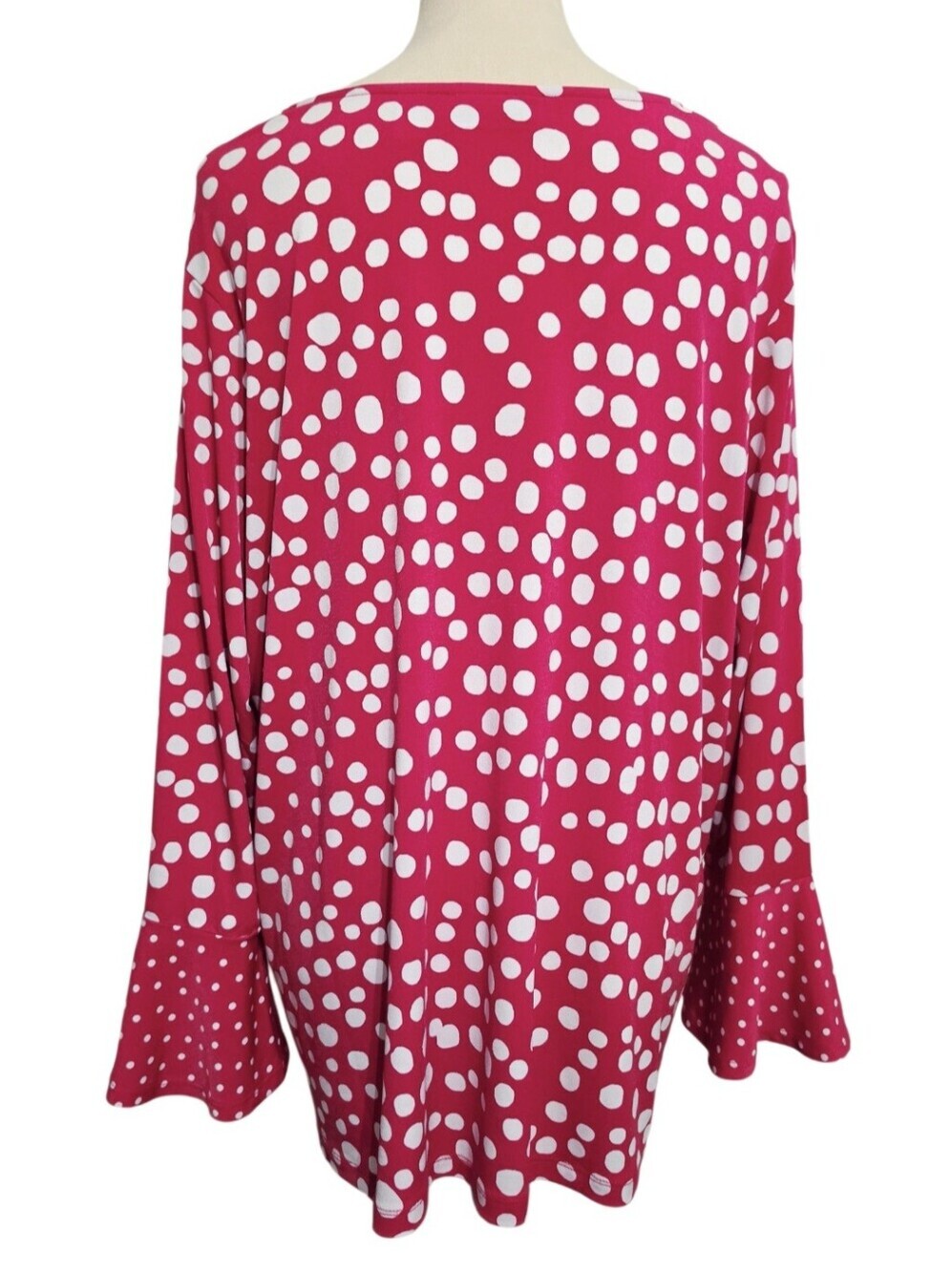 Susan Graver 1X Liquid Knit Tunic Top Pink White Polka Dot Bell Sleeve Stretch - Picture 3 of 11
